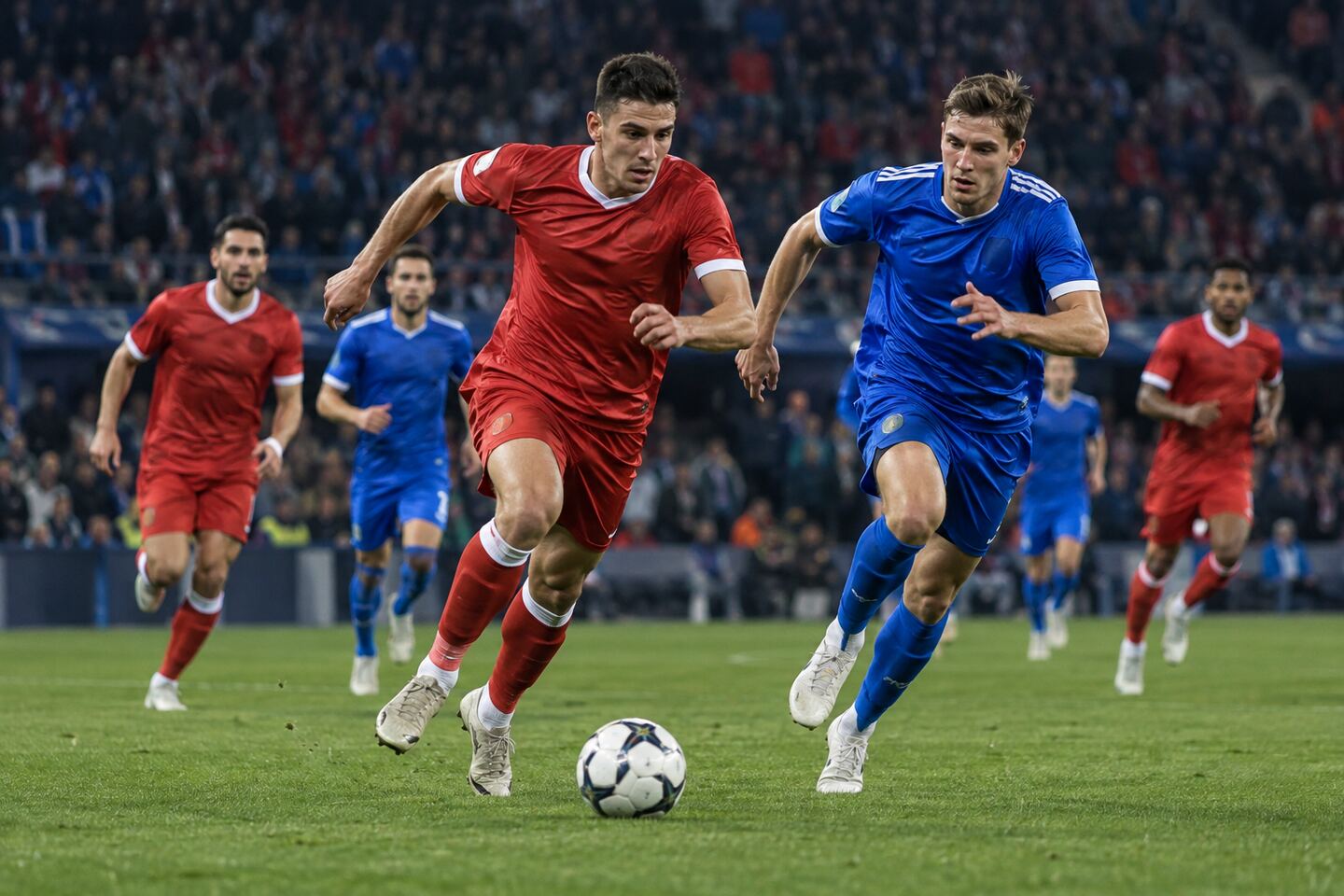 欧洲足球比赛中高位压迫与快速转换的激烈对抗画面